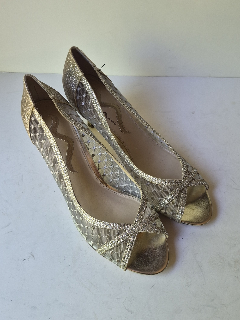 Nina Gold Lace Peep-Toe Heels